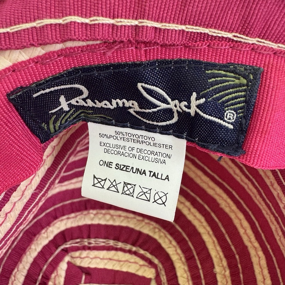 Panama Jack Floppy Hat Straw Striped Dark Pink Tan Coconut Badge Beach Sun Pool